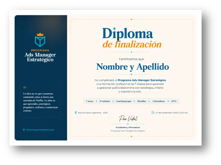 Diploma de finalización del Programa Ads Manager Estratégico